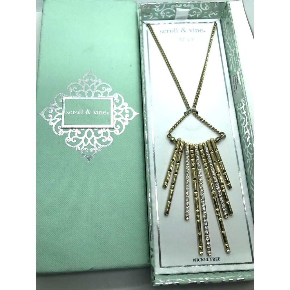 Scroll and Vine‎ Statement Necklace - Gold tone 32" crystals fringe